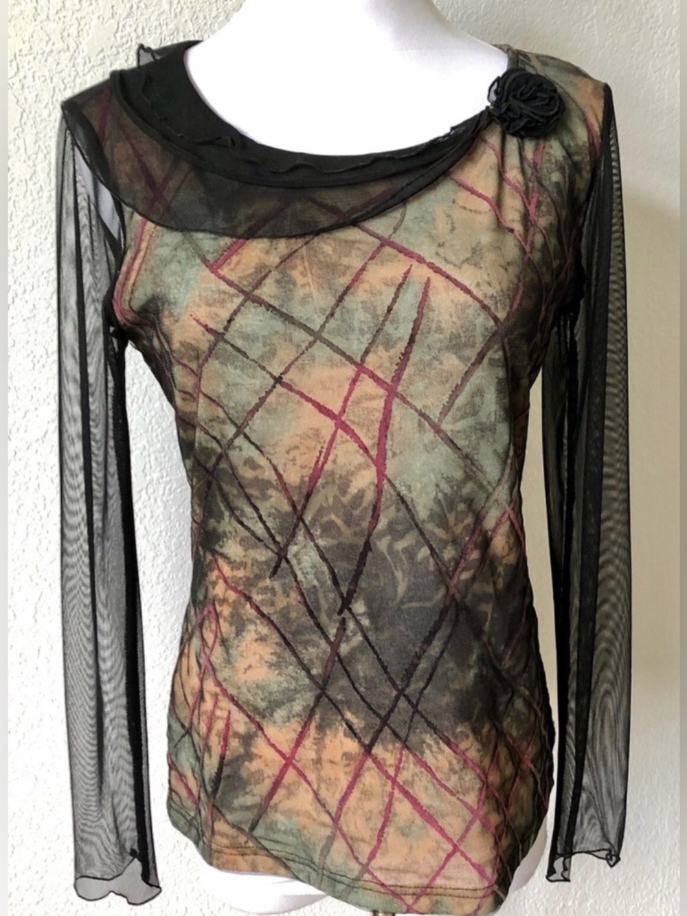 Tribal top blouse tee sheer black mesh long sleeves distressed medium pullover